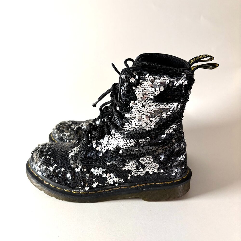 Vintage Dr. Martens Black Silver Sequin Combat Boots | Y2K Docs